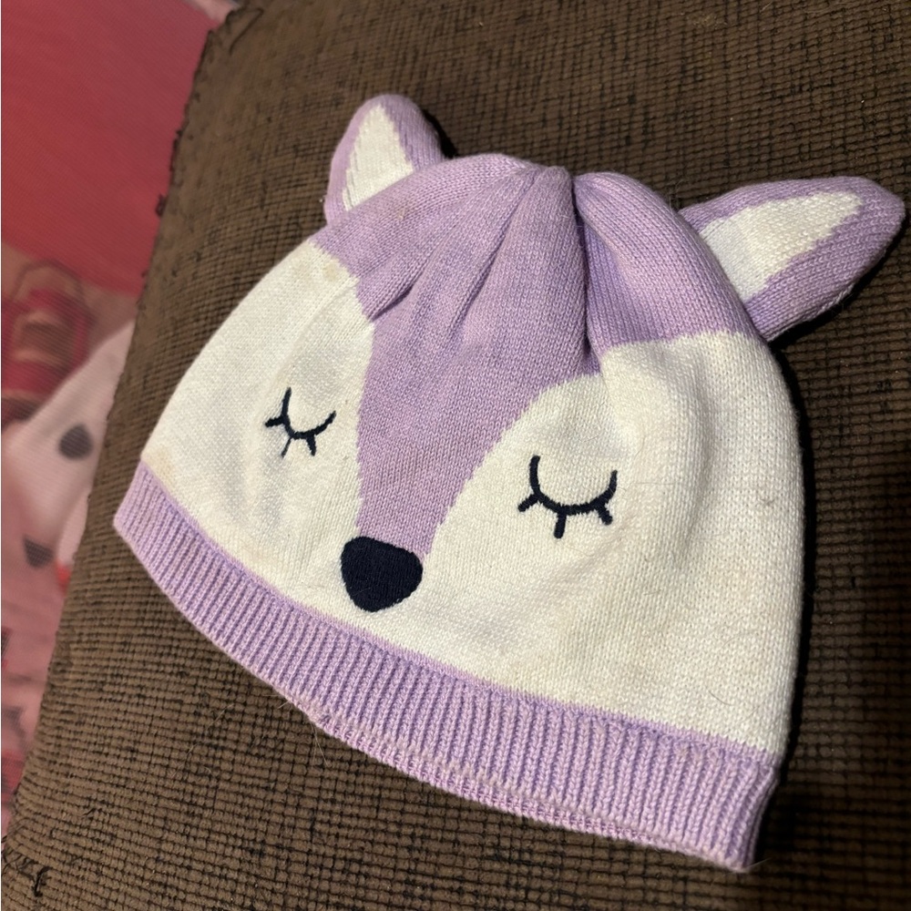 Adorable Purple and White Fox Knit Hat for Kids